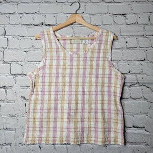 Lemon Grass Picnic White Purple Sleeveless‎ Scrunch Texture Top Size XL